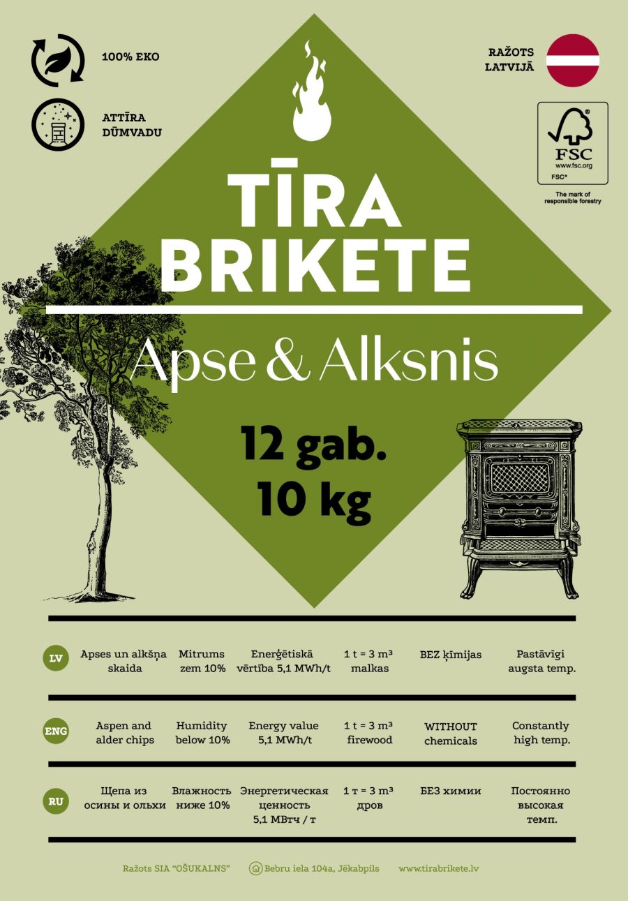 Apses un Alksnis kokskaidu briketes, kuras tira skursteni un dīmvadu no sodrējiem.