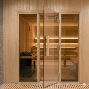 O'wood ražotās saunas un pirts durvis no apses koka ar bronzas stiklu